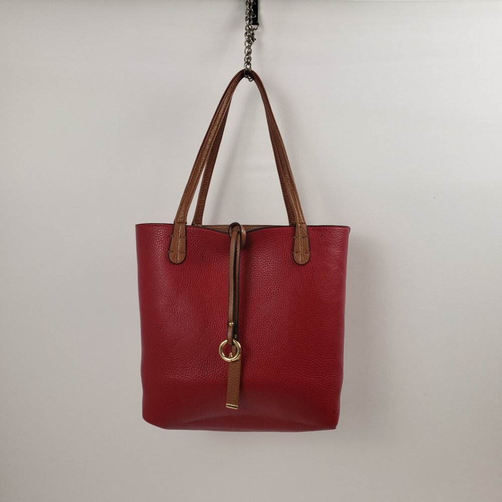 Kris Ana Reversible Handbag Camel Tan Red Key Ring Tote Bucket Purse